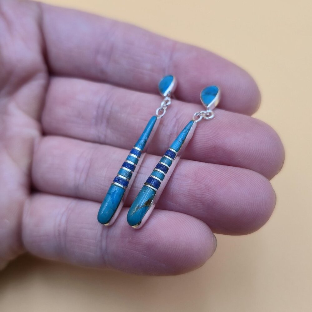 Sterling Silver Turquoise And Sodalite Stone Earrings A4563 - Picture 3 of 6